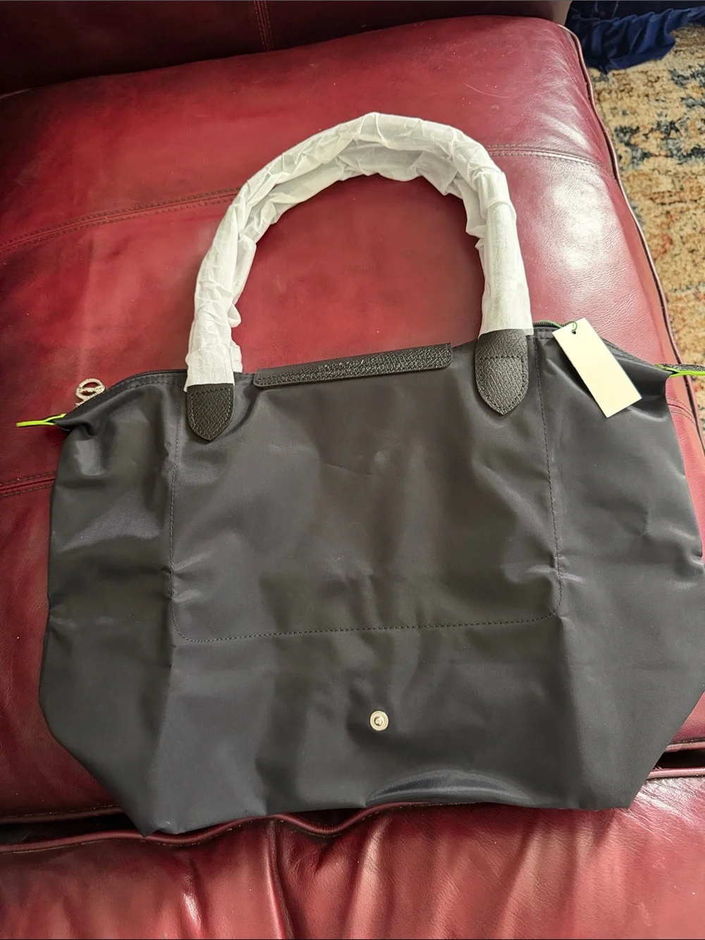 Longchamp Medium Black Nylon Le Pliage Tote with Green Trim